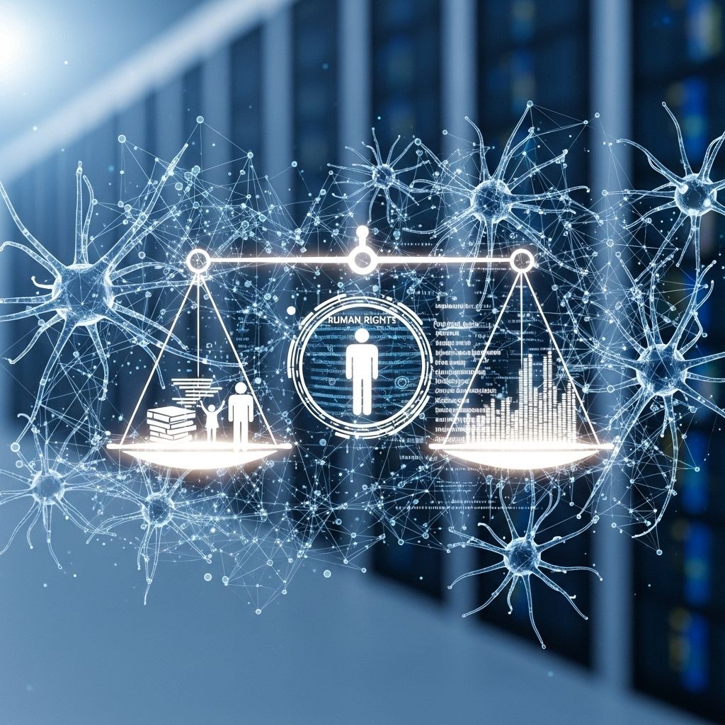 Интерактивная панель с визуализацией данных об этике ИИ, концептуальное изображение баланса между технологией и правами человека