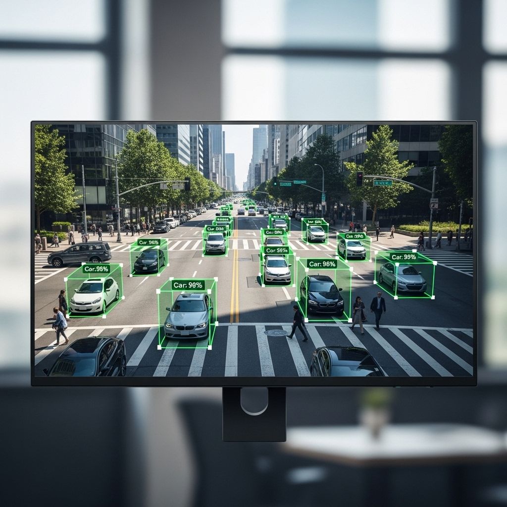 Система компьютерного зрения распознаёт объекты в реальном времени на видео, интерфейс с bounding boxes и классификацией изображений