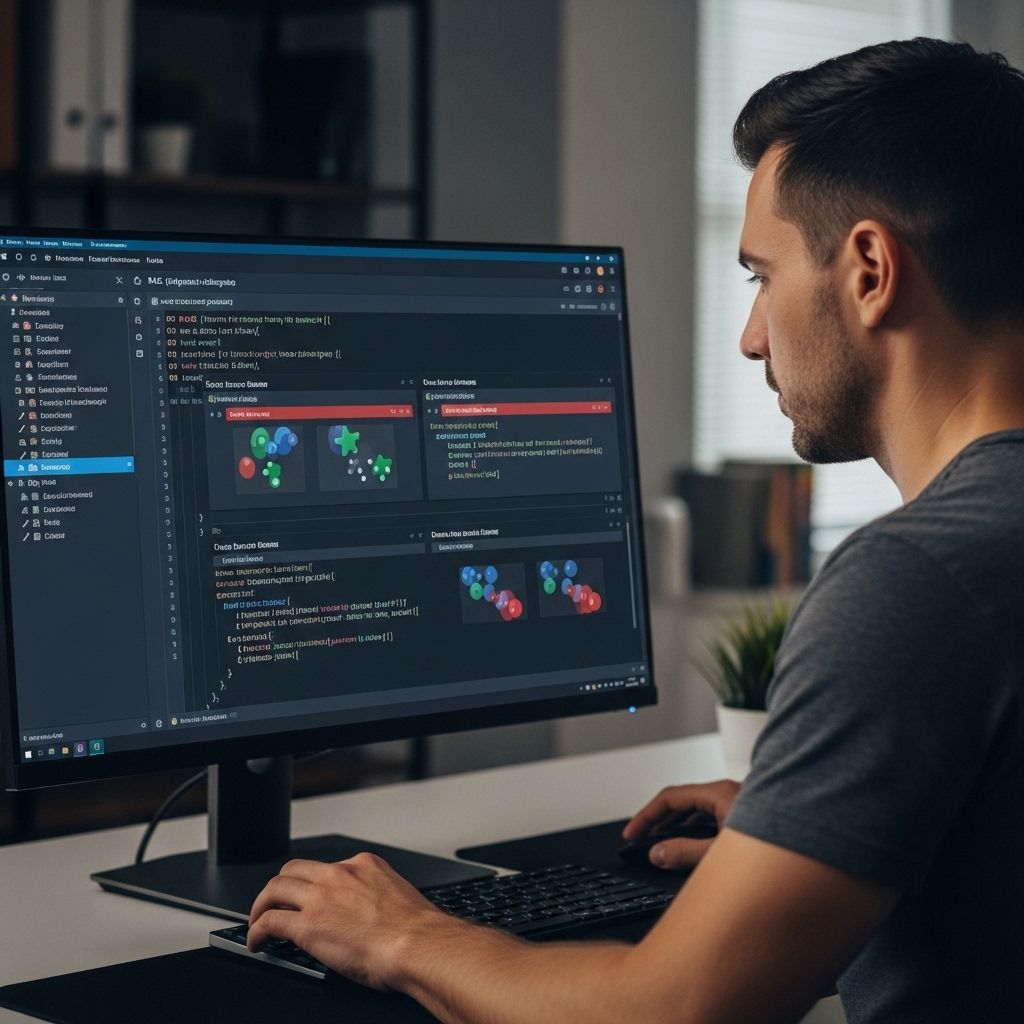 Интерфейс большой языковой модели на профессиональном мониторе, разработчик анализирует ответы ChatGPT и настраивает промпты в тёмной среде разработки