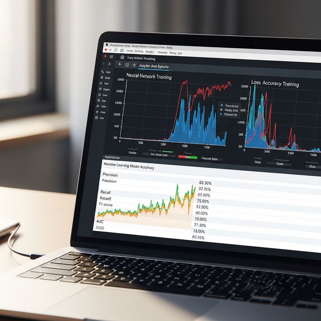 Дата-аналитик работает с Python и Jupyter Notebook на экране ноутбука, визуализация данных и графики машинного обучения на светлом рабочем столе