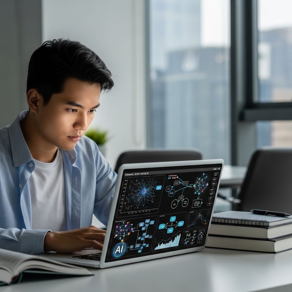 Профессиональный студент за ноутбуком изучает курс по искусственному интеллекту — современный светлый офис с графиками и нейронными сетями на экране